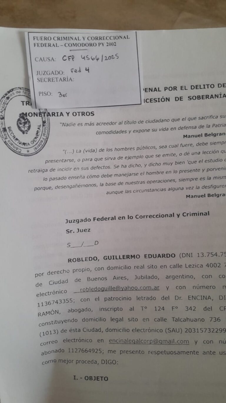 Grave denuncia penal por “traición a la patria” contra Milei, Caputo, Bausili y Werthein por el acuerdo SWAP con EE.UU.